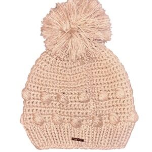 PrAna Women's Chunky Knit Beanie Hat W/ PomPom One Size Beige Hemp Blend Outdoor